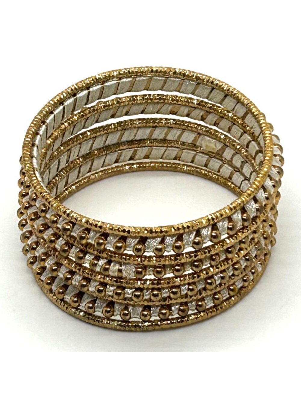 Kundan Bangles Bracelet 9 Piece Gold-tone Ball and White Silk Thread Design